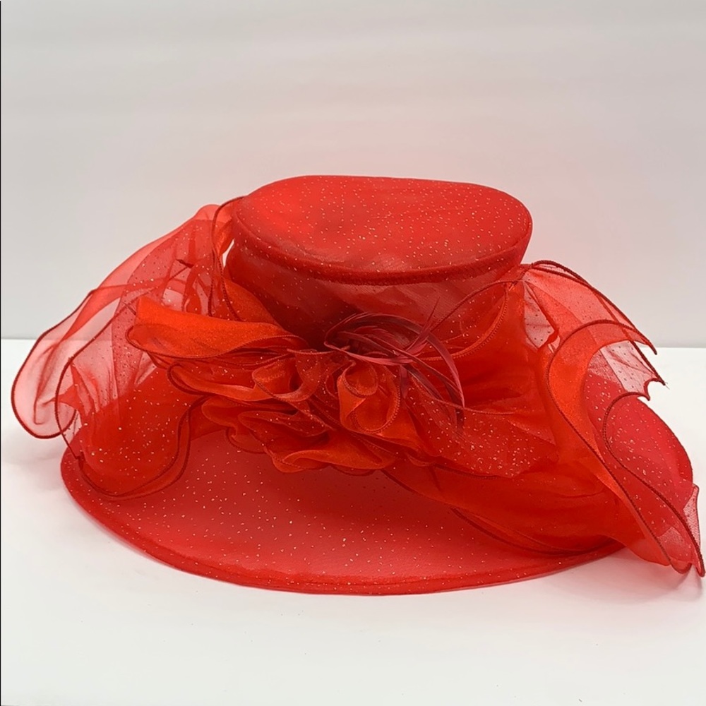 Lady in Red feather derby with bow Hat